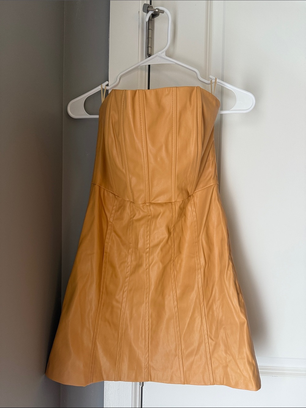 Zara Strapless Faux Leather A-Line Dress in Camel/Tan